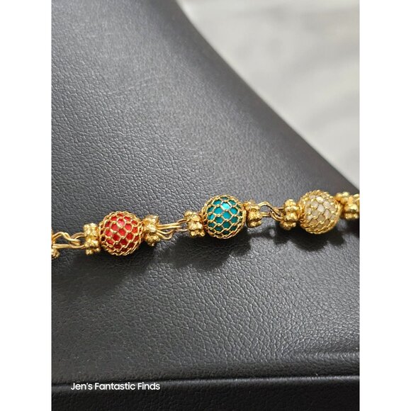 Multi-Color Gold Tone Christmas Beaded Necklace With Red Green & White Beads - Picture 7 of 7